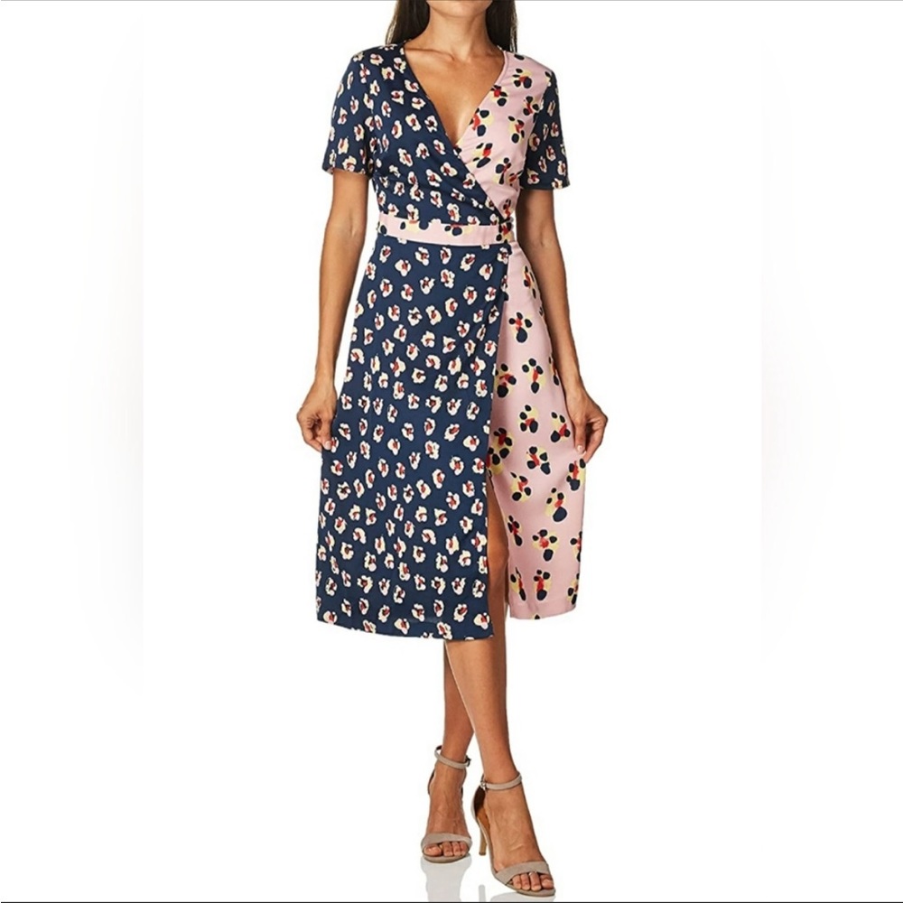 BCBGeneration Floral Contrast Wrap Short Sleeve Dress Blue Pink Indigo